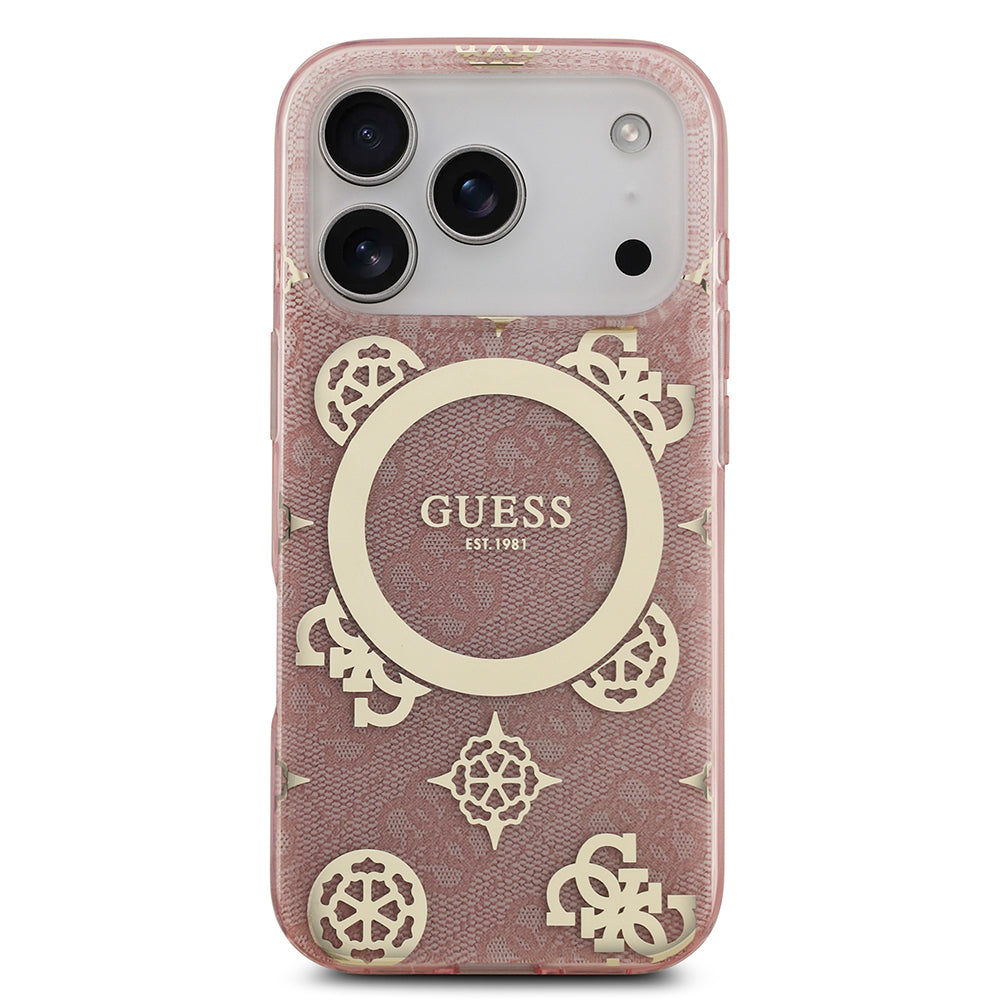 iPhone 17 Pro Max Kılıf Guess Orijinal Lisanslı M-safe Şarj Özellikli IML Peony ve 4G Desenli Klasik Logolu Kılıf