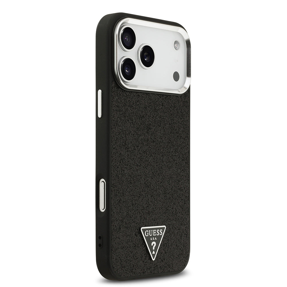 iPhone 17 Pro Max Kılıf Guess Orijinal Lisanslı M-safe Şarj Özellikli Metal Kamera Çerçeveli Üçgen Logolu Glitter Kılıf