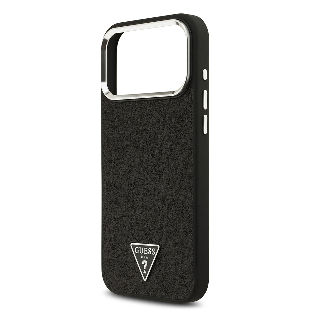 iPhone 17 Pro Max Kılıf Guess Orijinal Lisanslı M-safe Şarj Özellikli Metal Kamera Çerçeveli Üçgen Logolu Glitter Kılıf