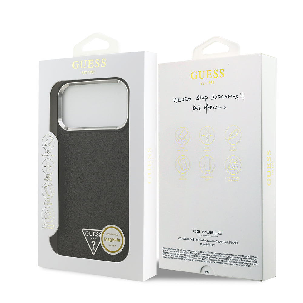 iPhone 17 Pro Max Kılıf Guess Orijinal Lisanslı M-safe Şarj Özellikli Metal Kamera Çerçeveli Üçgen Logolu Glitter Kılıf