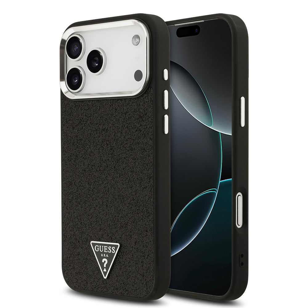 iPhone 17 Pro Max Kılıf Guess Orijinal Lisanslı M-safe Şarj Özellikli Metal Kamera Çerçeveli Üçgen Logolu Glitter Kılıf