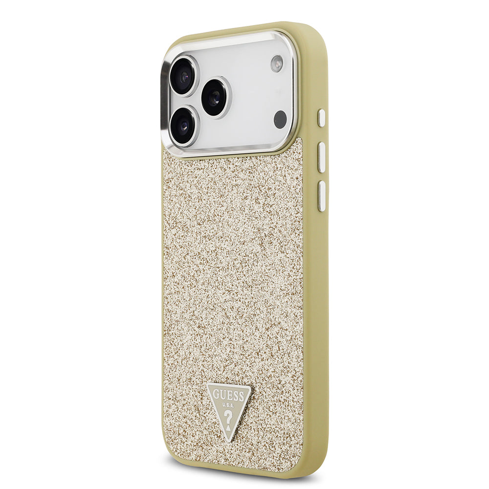 iPhone 17 Pro Max Kılıf Guess Orijinal Lisanslı M-safe Şarj Özellikli Metal Kamera Çerçeveli Üçgen Logolu Glitter Kılıf