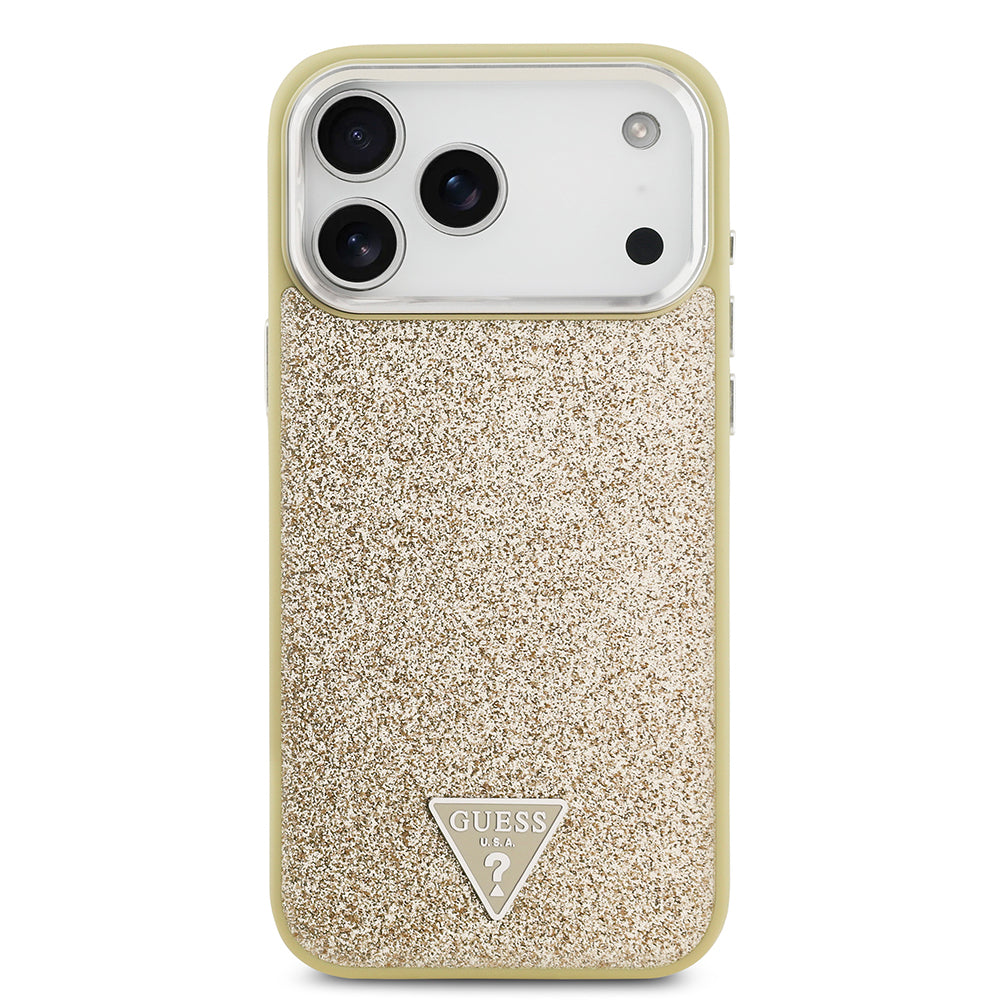 iPhone 17 Pro Max Kılıf Guess Orijinal Lisanslı M-safe Şarj Özellikli Metal Kamera Çerçeveli Üçgen Logolu Glitter Kılıf