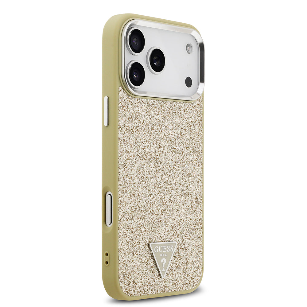 iPhone 17 Pro Max Kılıf Guess Orijinal Lisanslı M-safe Şarj Özellikli Metal Kamera Çerçeveli Üçgen Logolu Glitter Kılıf