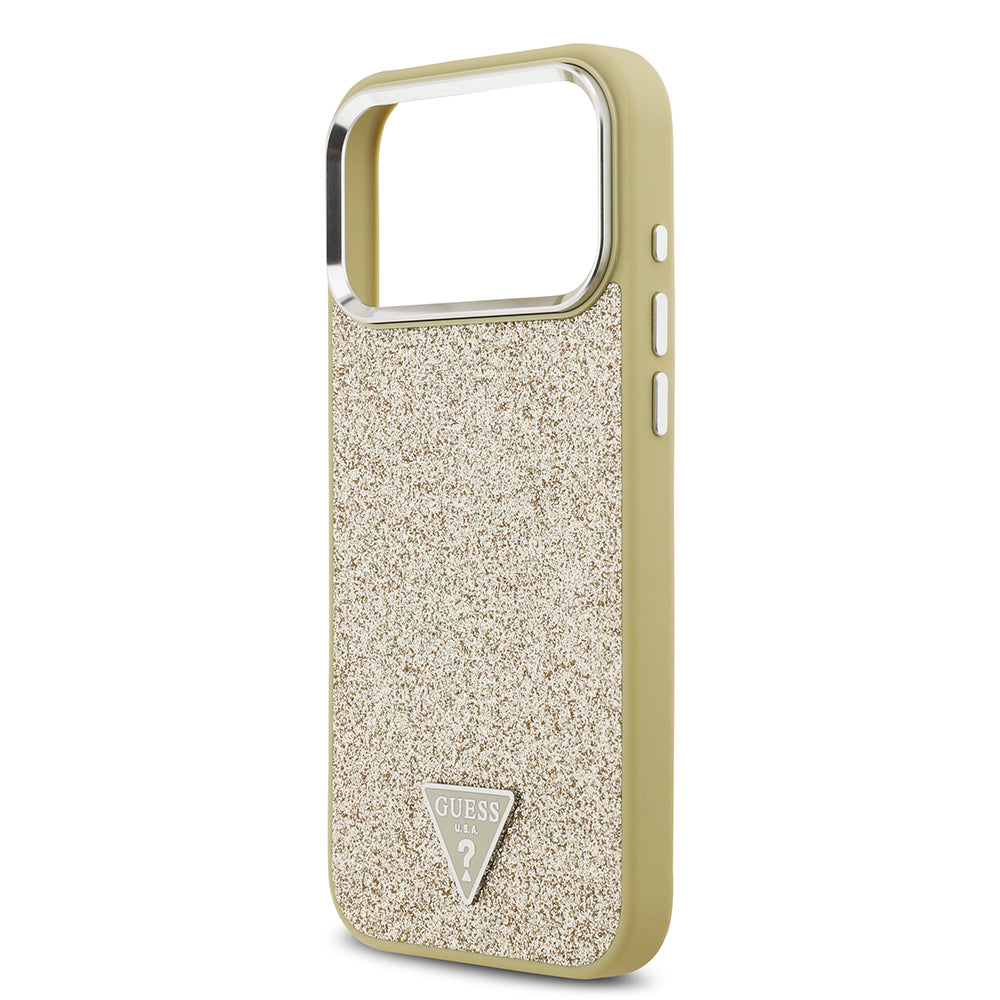 iPhone 17 Pro Max Kılıf Guess Orijinal Lisanslı M-safe Şarj Özellikli Metal Kamera Çerçeveli Üçgen Logolu Glitter Kılıf