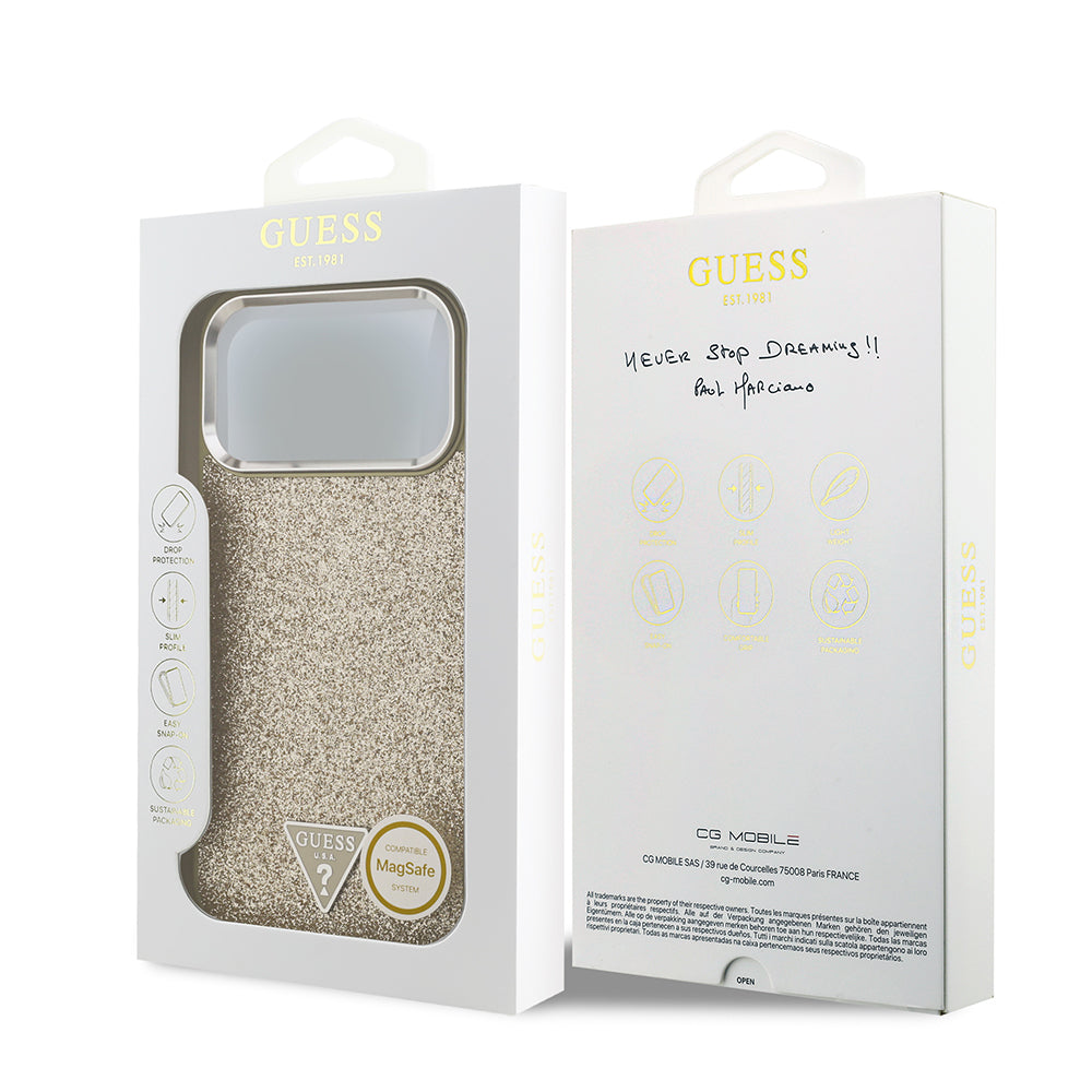 iPhone 17 Pro Max Kılıf Guess Orijinal Lisanslı M-safe Şarj Özellikli Metal Kamera Çerçeveli Üçgen Logolu Glitter Kılıf