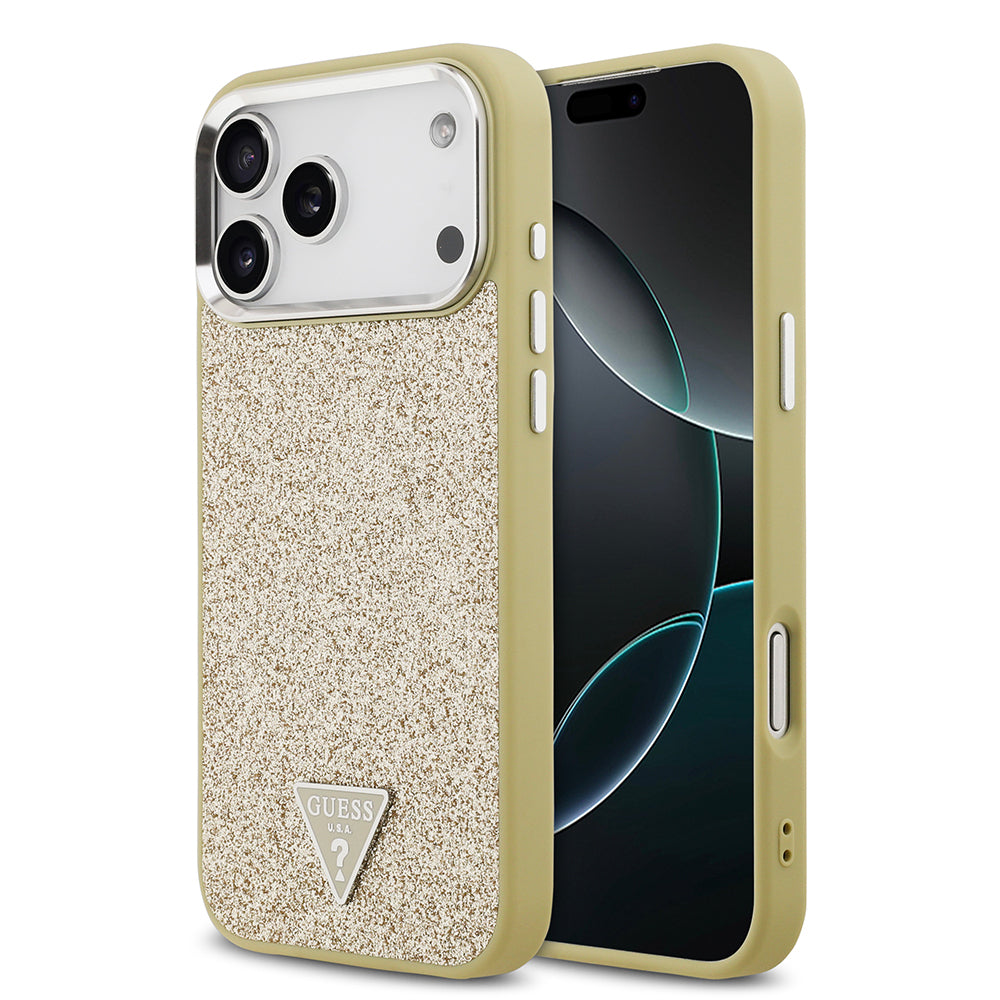 iPhone 17 Pro Max Kılıf Guess Orijinal Lisanslı M-safe Şarj Özellikli Metal Kamera Çerçeveli Üçgen Logolu Glitter Kılıf