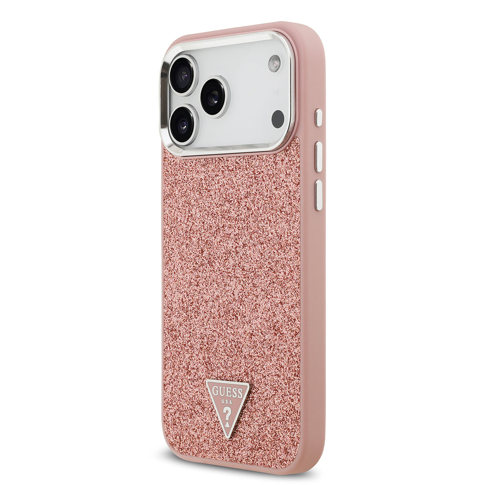 iPhone 17 Pro Max Kılıf Guess Orijinal Lisanslı M-safe Şarj Özellikli Metal Kamera Çerçeveli Üçgen Logolu Glitter Kılıf