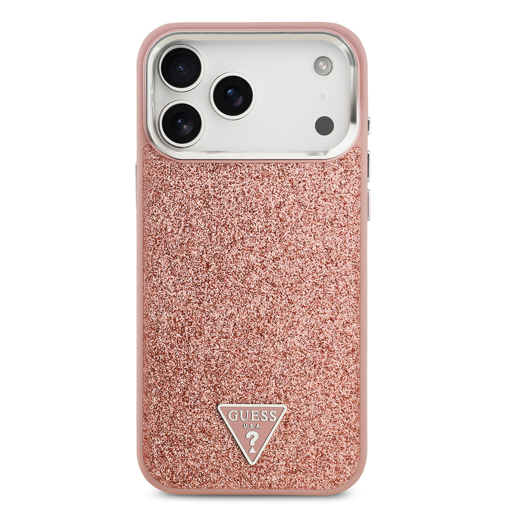 iPhone 17 Pro Max Kılıf Guess Orijinal Lisanslı M-safe Şarj Özellikli Metal Kamera Çerçeveli Üçgen Logolu Glitter Kılıf