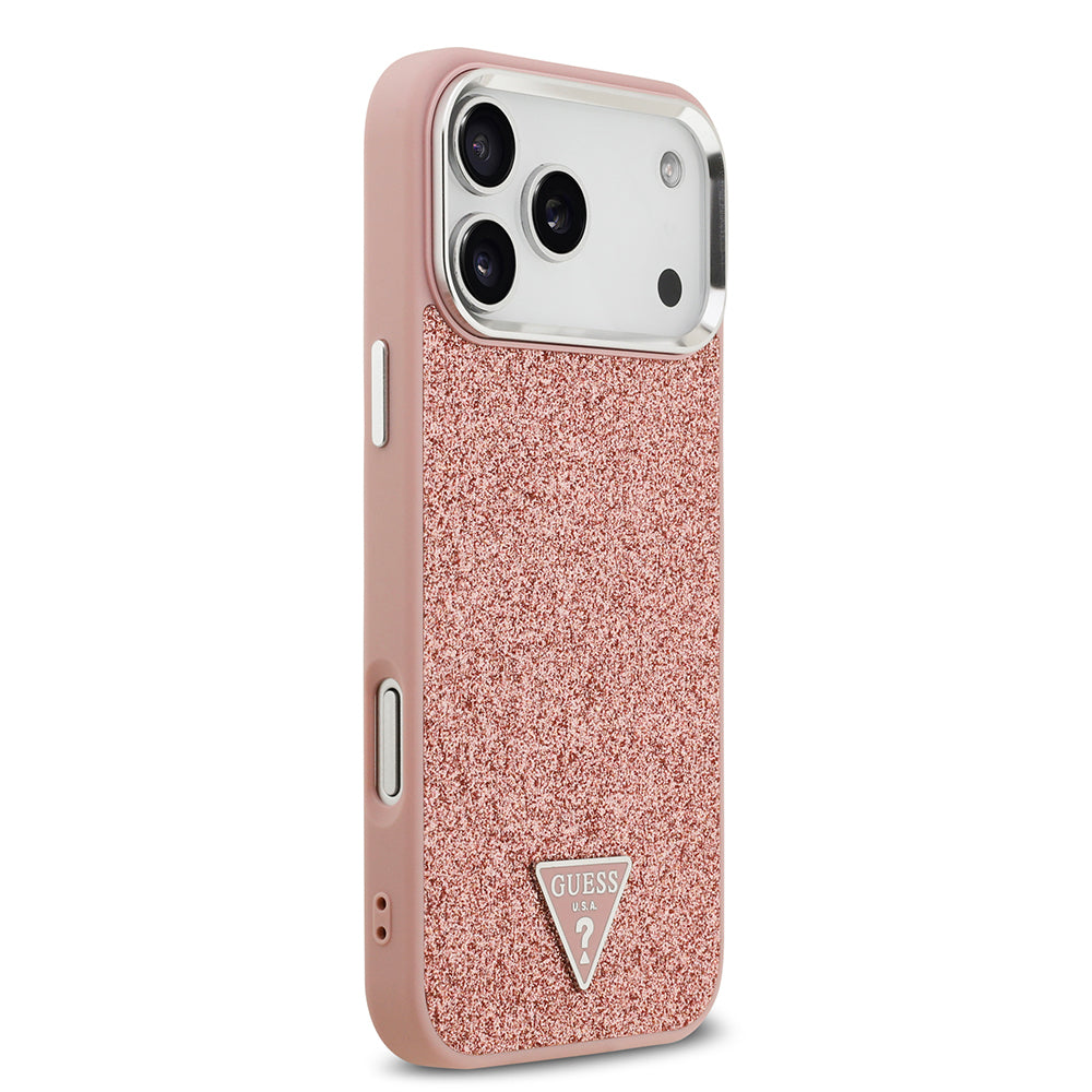 iPhone 17 Pro Max Kılıf Guess Orijinal Lisanslı M-safe Şarj Özellikli Metal Kamera Çerçeveli Üçgen Logolu Glitter Kılıf