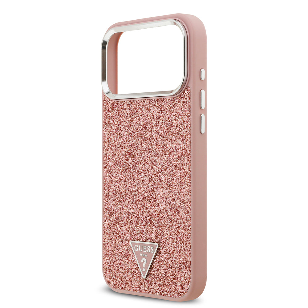 iPhone 17 Pro Max Kılıf Guess Orijinal Lisanslı M-safe Şarj Özellikli Metal Kamera Çerçeveli Üçgen Logolu Glitter Kılıf
