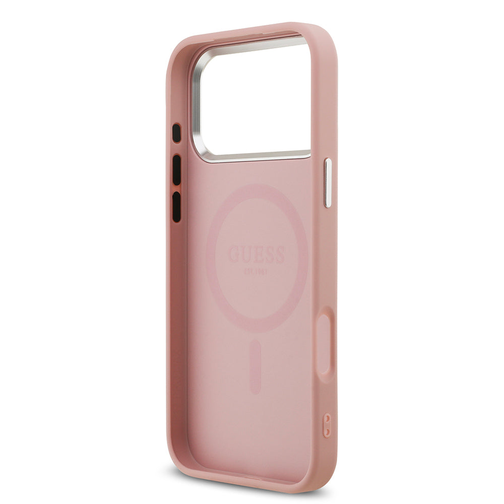 iPhone 17 Pro Max Kılıf Guess Orijinal Lisanslı M-safe Şarj Özellikli Metal Kamera Çerçeveli Üçgen Logolu Glitter Kılıf