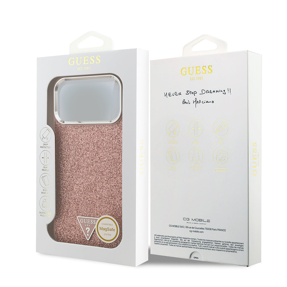 iPhone 17 Pro Max Kılıf Guess Orijinal Lisanslı M-safe Şarj Özellikli Metal Kamera Çerçeveli Üçgen Logolu Glitter Kılıf