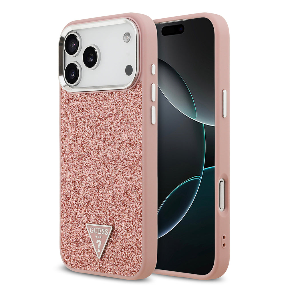 iPhone 17 Pro Max Kılıf Guess Orijinal Lisanslı M-safe Şarj Özellikli Metal Kamera Çerçeveli Üçgen Logolu Glitter Kılıf