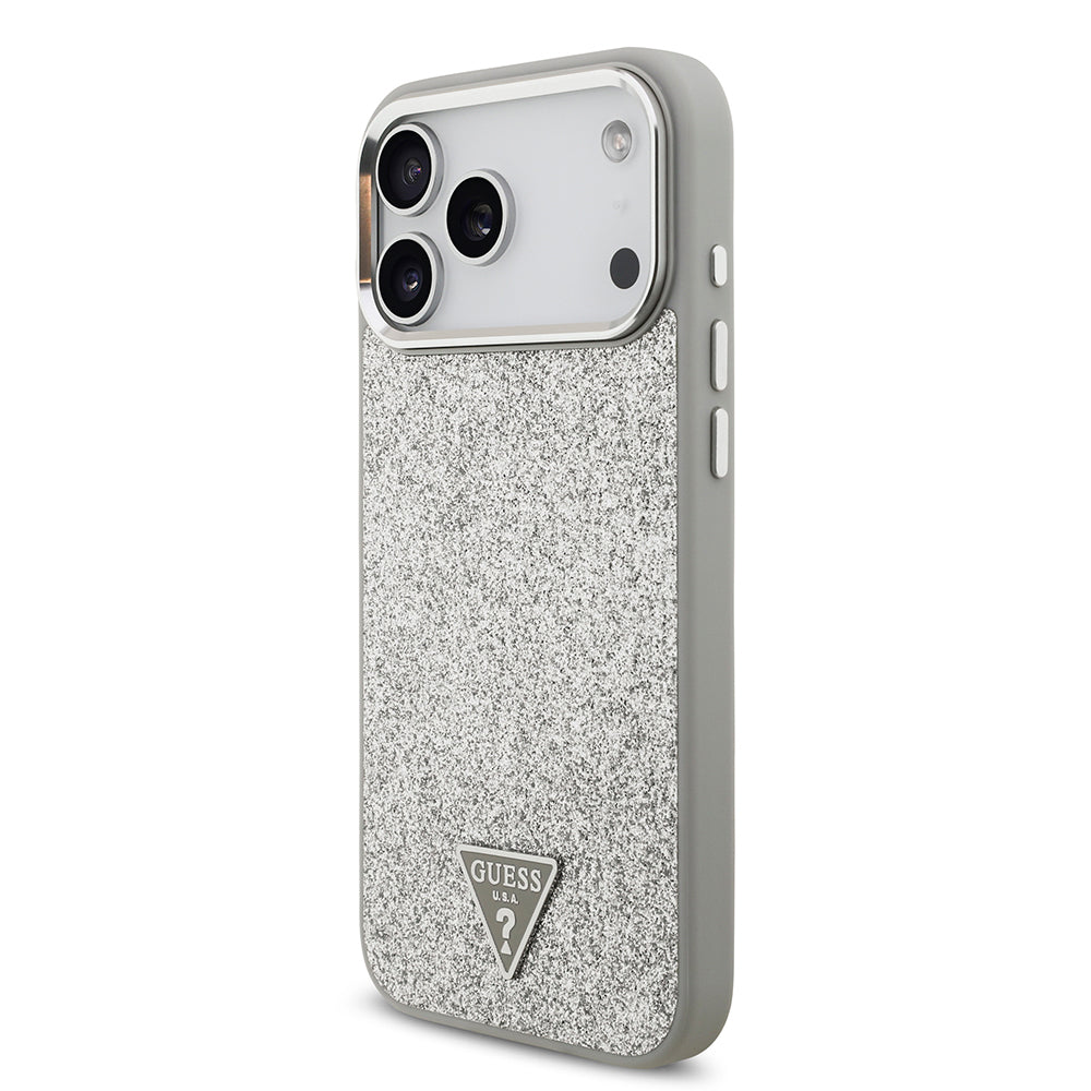 iPhone 17 Pro Max Kılıf Guess Orijinal Lisanslı M-safe Şarj Özellikli Metal Kamera Çerçeveli Üçgen Logolu Glitter Kılıf