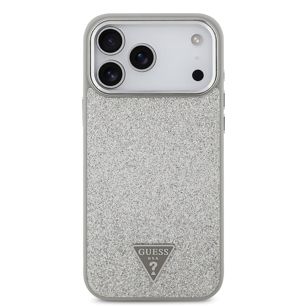 iPhone 17 Pro Max Kılıf Guess Orijinal Lisanslı M-safe Şarj Özellikli Metal Kamera Çerçeveli Üçgen Logolu Glitter Kılıf