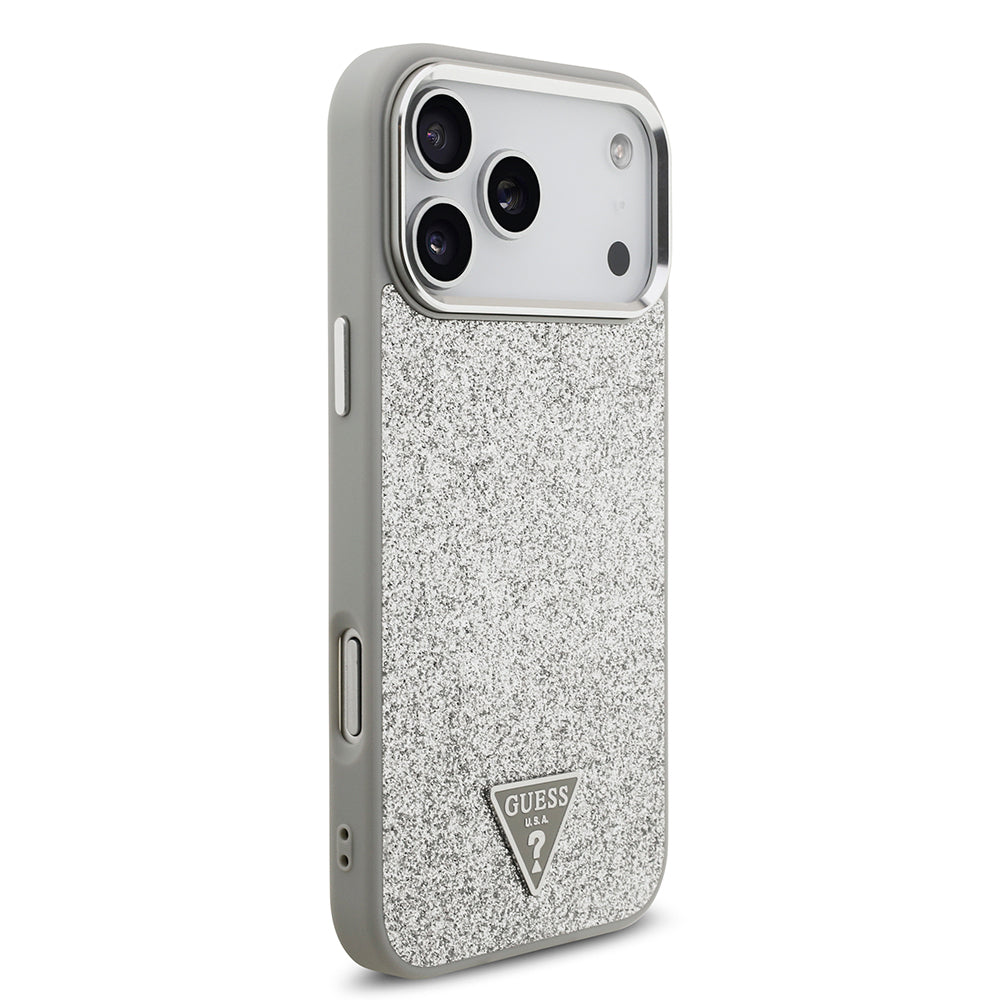 iPhone 17 Pro Max Kılıf Guess Orijinal Lisanslı M-safe Şarj Özellikli Metal Kamera Çerçeveli Üçgen Logolu Glitter Kılıf