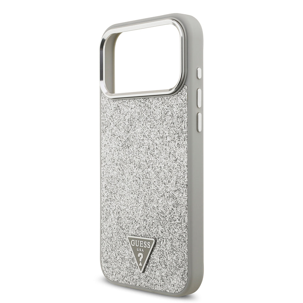 iPhone 17 Pro Max Kılıf Guess Orijinal Lisanslı M-safe Şarj Özellikli Metal Kamera Çerçeveli Üçgen Logolu Glitter Kılıf