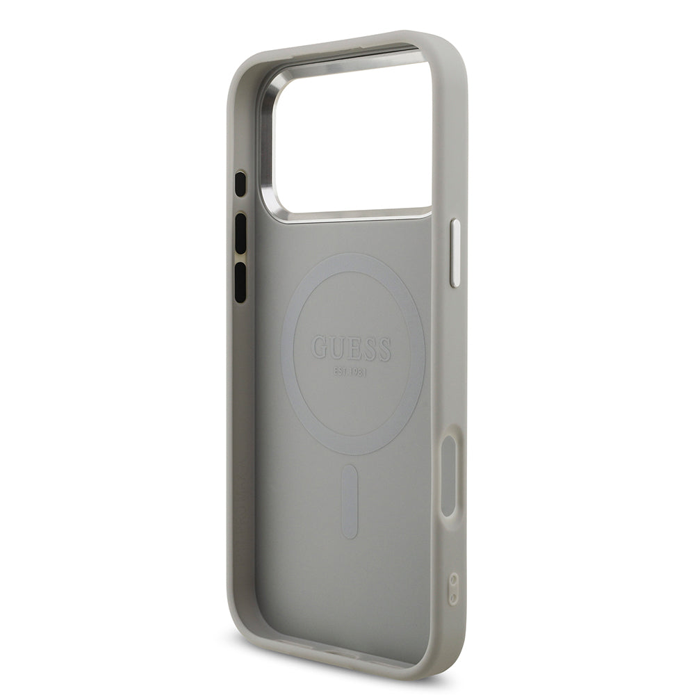iPhone 17 Pro Max Kılıf Guess Orijinal Lisanslı M-safe Şarj Özellikli Metal Kamera Çerçeveli Üçgen Logolu Glitter Kılıf