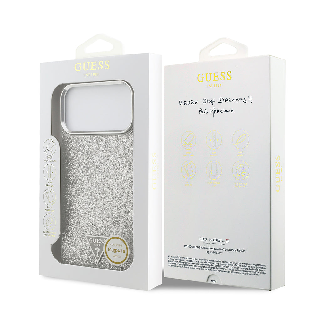 iPhone 17 Pro Max Kılıf Guess Orijinal Lisanslı M-safe Şarj Özellikli Metal Kamera Çerçeveli Üçgen Logolu Glitter Kılıf