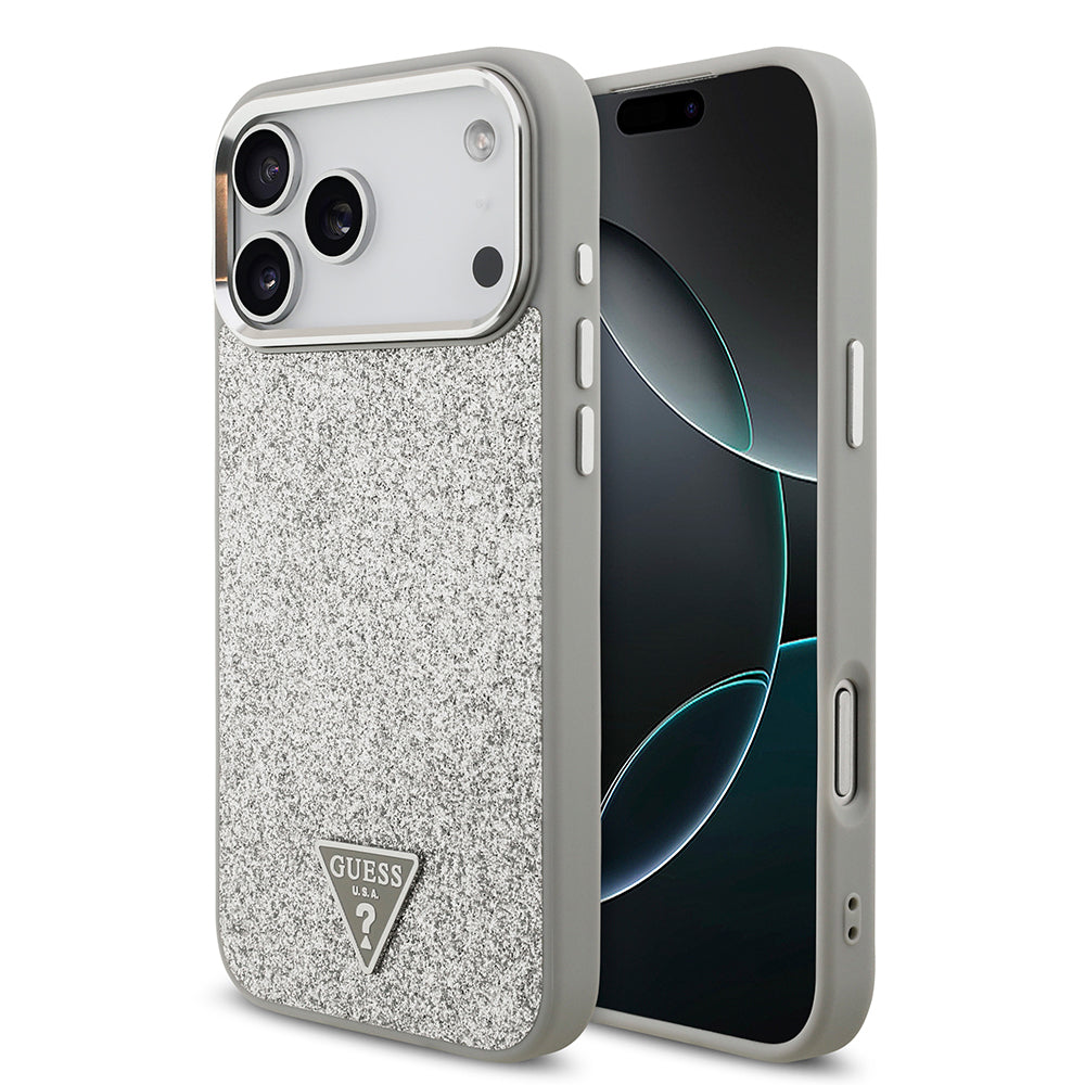 iPhone 17 Pro Max Kılıf Guess Orijinal Lisanslı M-safe Şarj Özellikli Metal Kamera Çerçeveli Üçgen Logolu Glitter Kılıf