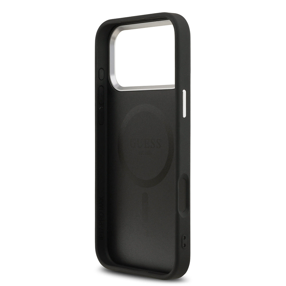 iPhone 17 Pro Max Kılıf Guess Orijinal Lisanslı M-safe Şarj Özellikli PU Deri Metal Kamera Çerçeveli Üçgen Logolu Kılıf