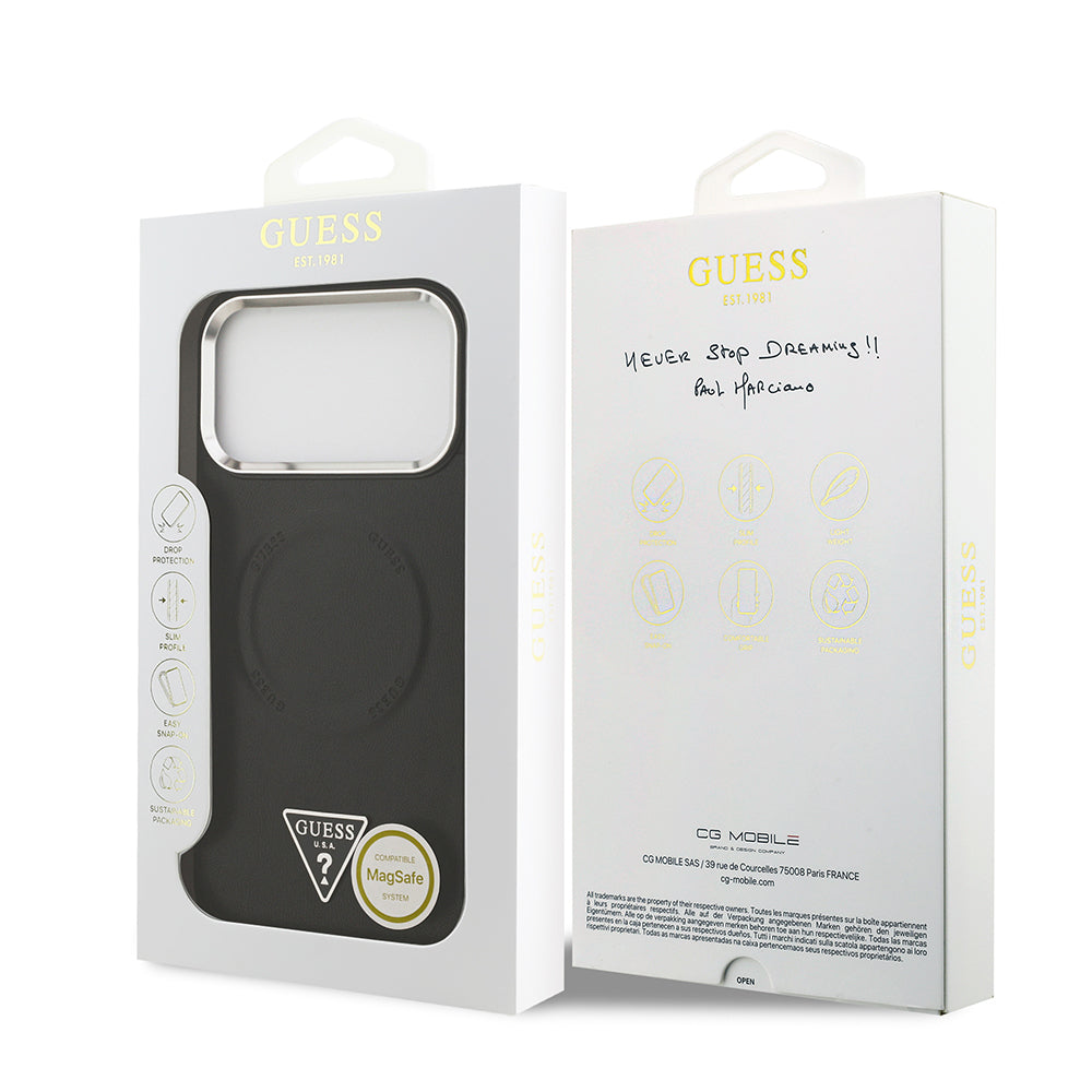 iPhone 17 Pro Max Kılıf Guess Orijinal Lisanslı M-safe Şarj Özellikli PU Deri Metal Kamera Çerçeveli Üçgen Logolu Kılıf