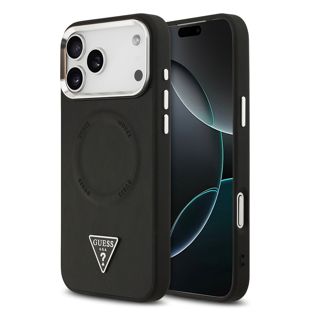 iPhone 17 Pro Max Kılıf Guess Orijinal Lisanslı M-safe Şarj Özellikli PU Deri Metal Kamera Çerçeveli Üçgen Logolu Kılıf