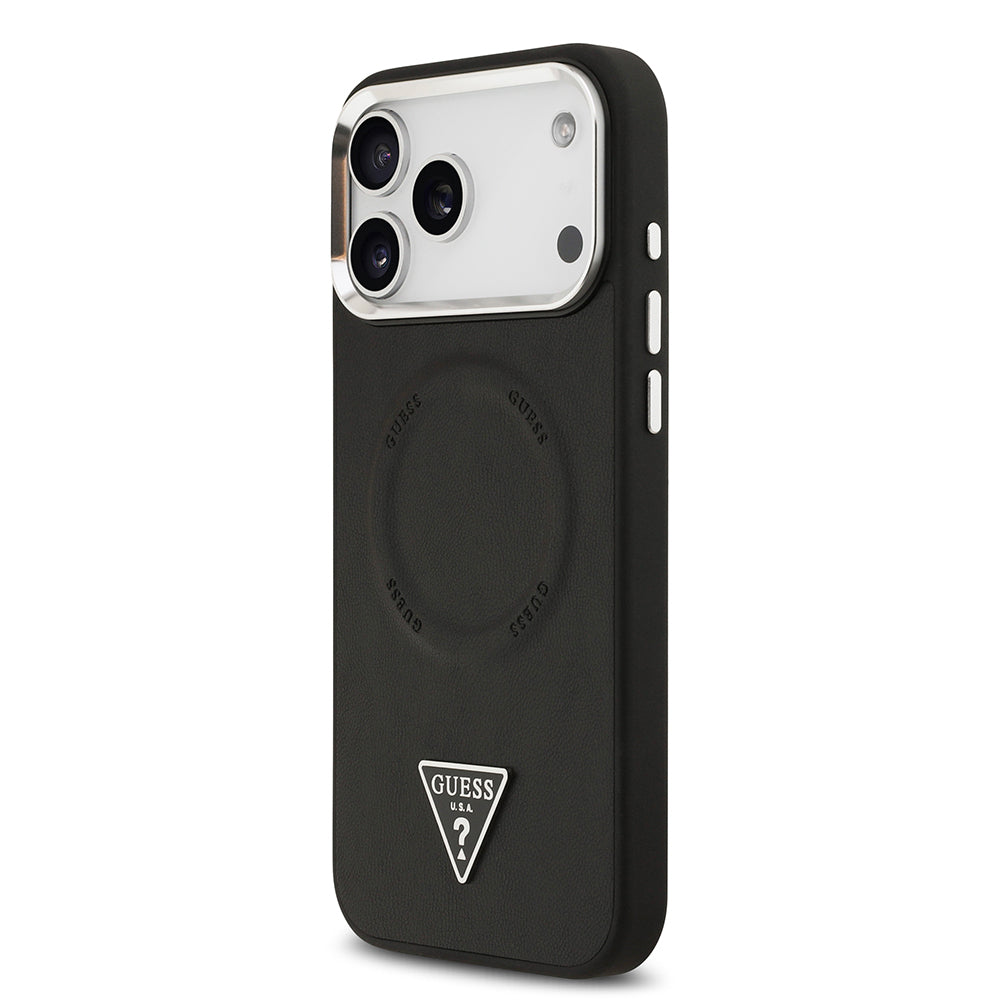 iPhone 17 Pro Max Kılıf Guess Orijinal Lisanslı M-safe Şarj Özellikli PU Deri Metal Kamera Çerçeveli Üçgen Logolu Kılıf