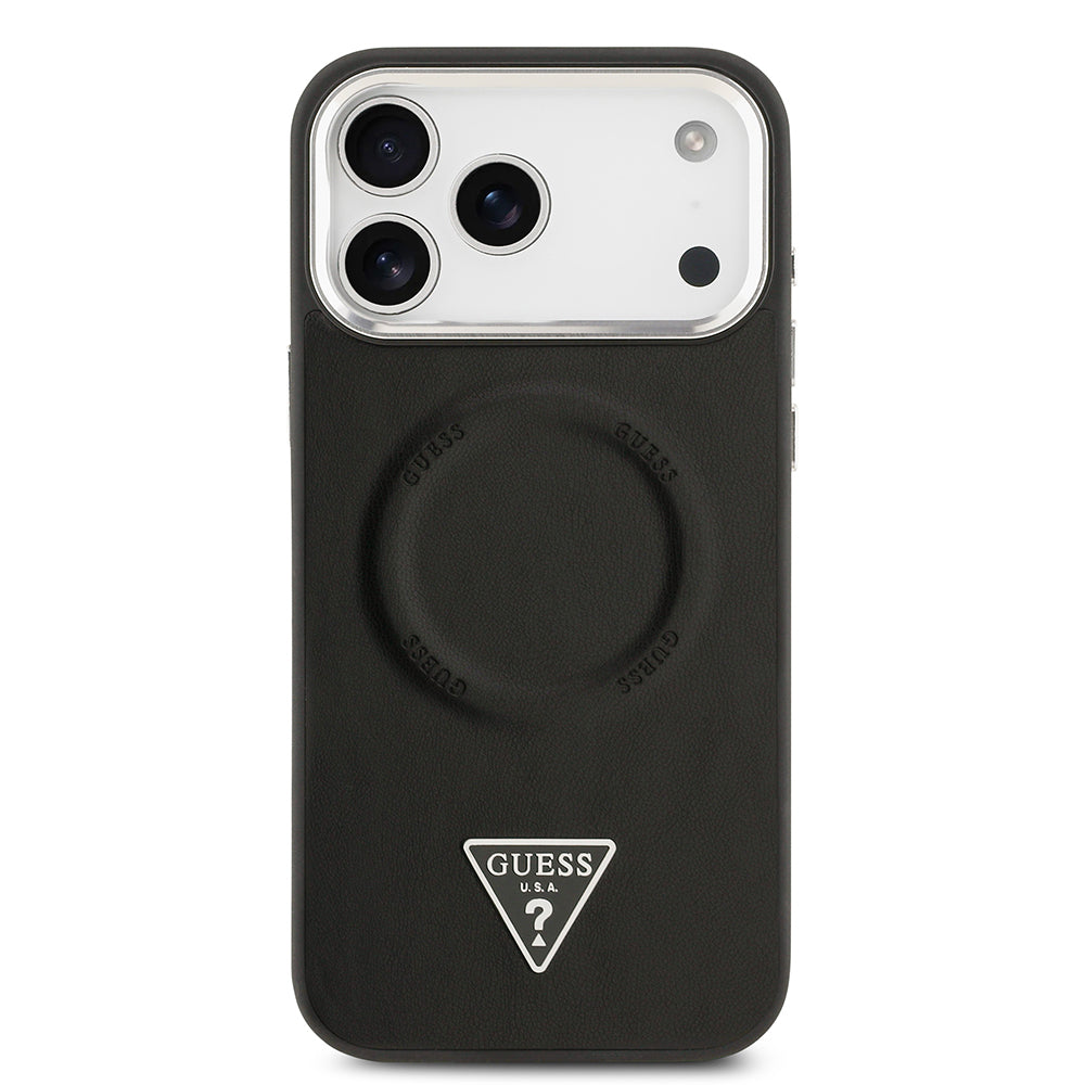 iPhone 17 Pro Max Kılıf Guess Orijinal Lisanslı M-safe Şarj Özellikli PU Deri Metal Kamera Çerçeveli Üçgen Logolu Kılıf