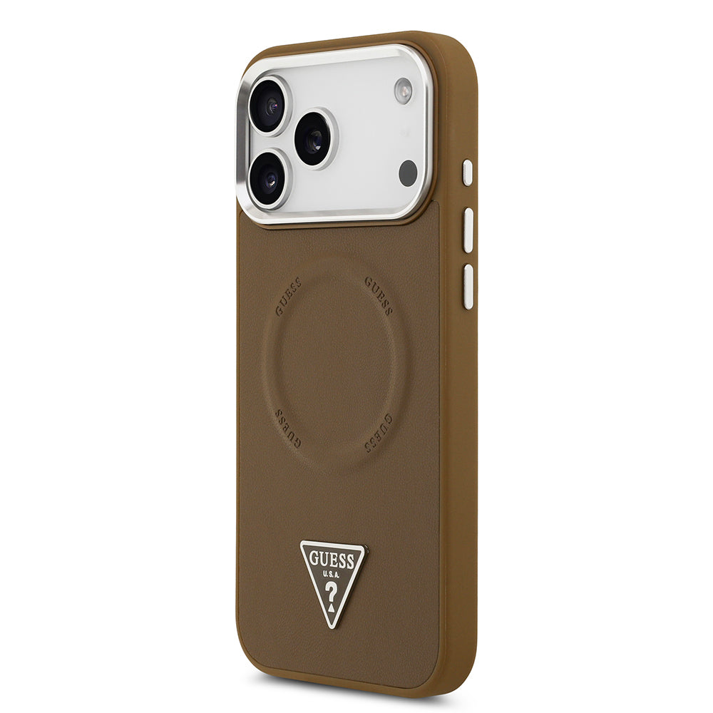 iPhone 17 Pro Max Kılıf Guess Orijinal Lisanslı M-safe Şarj Özellikli PU Deri Metal Kamera Çerçeveli Üçgen Logolu Kılıf