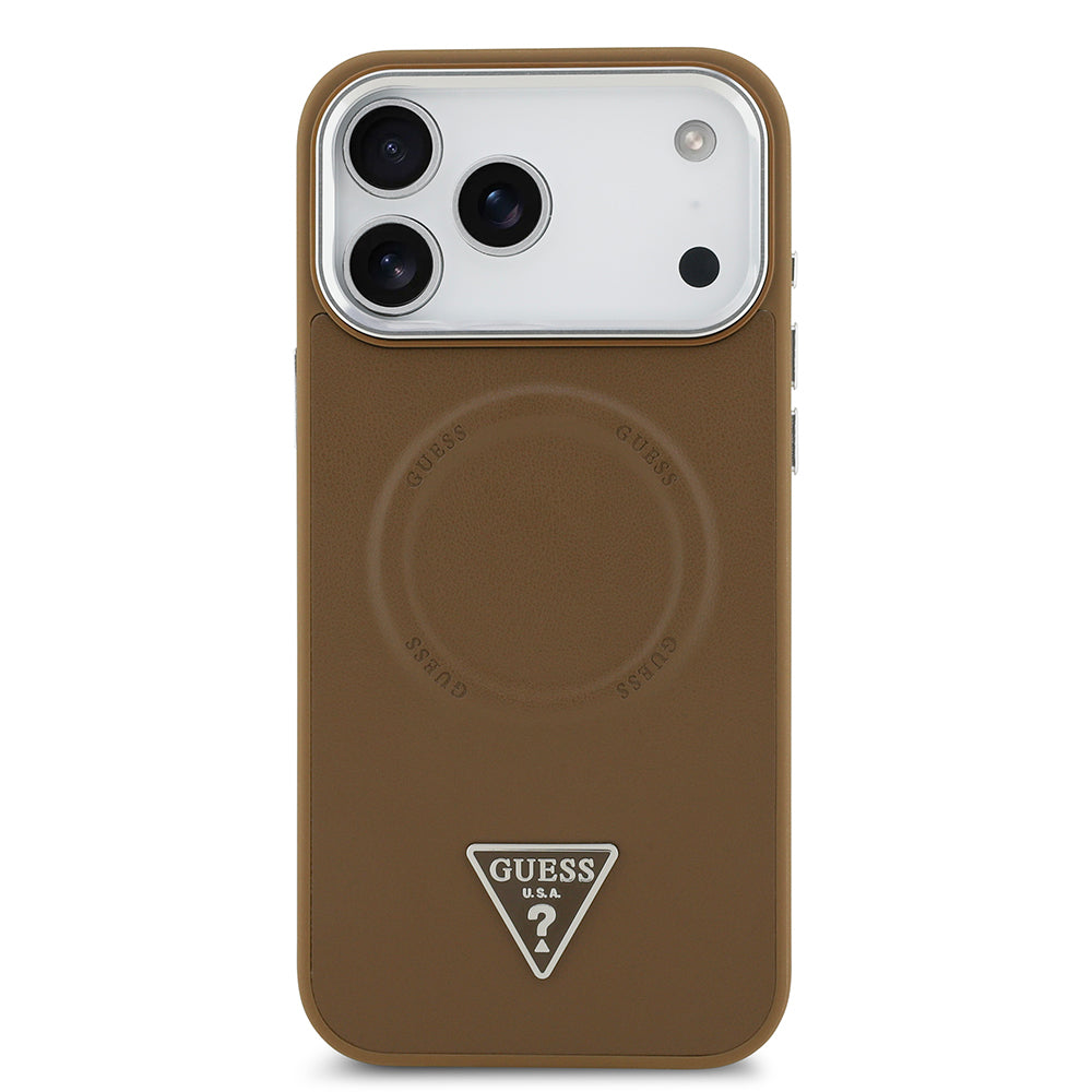 iPhone 17 Pro Max Kılıf Guess Orijinal Lisanslı M-safe Şarj Özellikli PU Deri Metal Kamera Çerçeveli Üçgen Logolu Kılıf