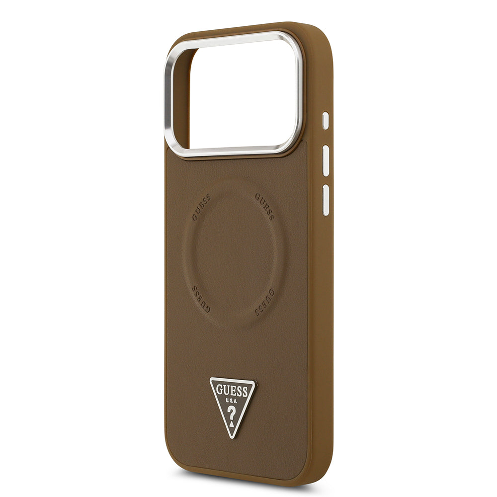 iPhone 17 Pro Max Kılıf Guess Orijinal Lisanslı M-safe Şarj Özellikli PU Deri Metal Kamera Çerçeveli Üçgen Logolu Kılıf