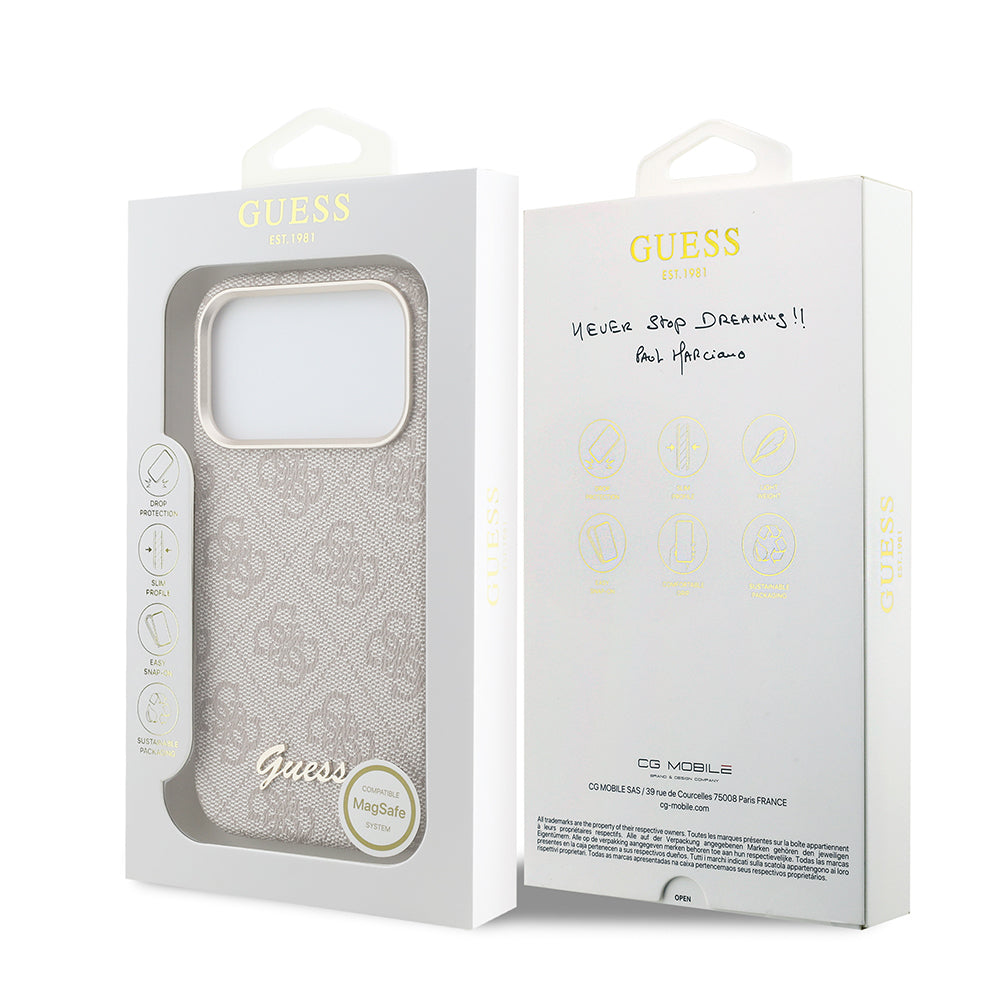 iPhone 17 Pro Max Kılıf Guess Orijinal Lisanslı M-safe Şarj Özellikli Script Yazı Logolu 4G Desenli Kılıf
