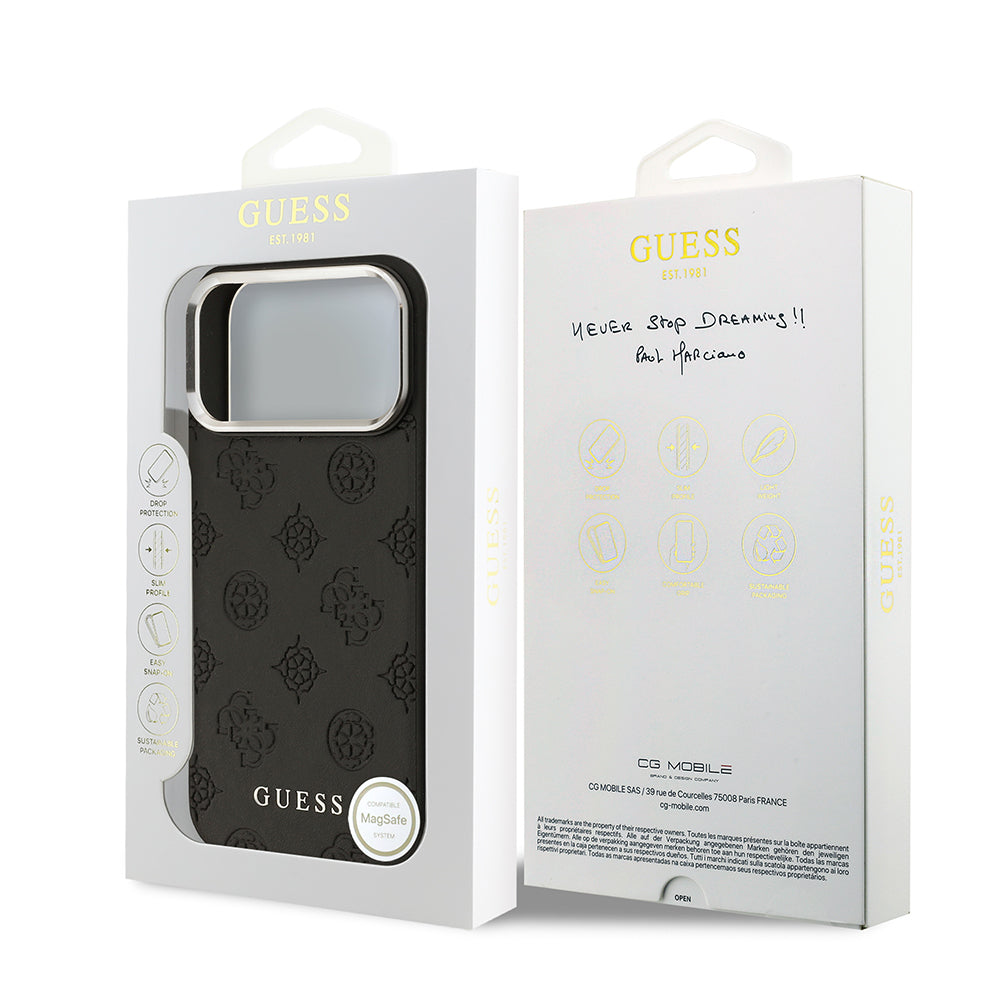 iPhone 17 Pro Max Kılıf Guess Orijinal Lisanslı M-safe Şarj Özellikli Sıcak Baskılı Klasik Yazı Logolu PU Deri Peony Kılıf