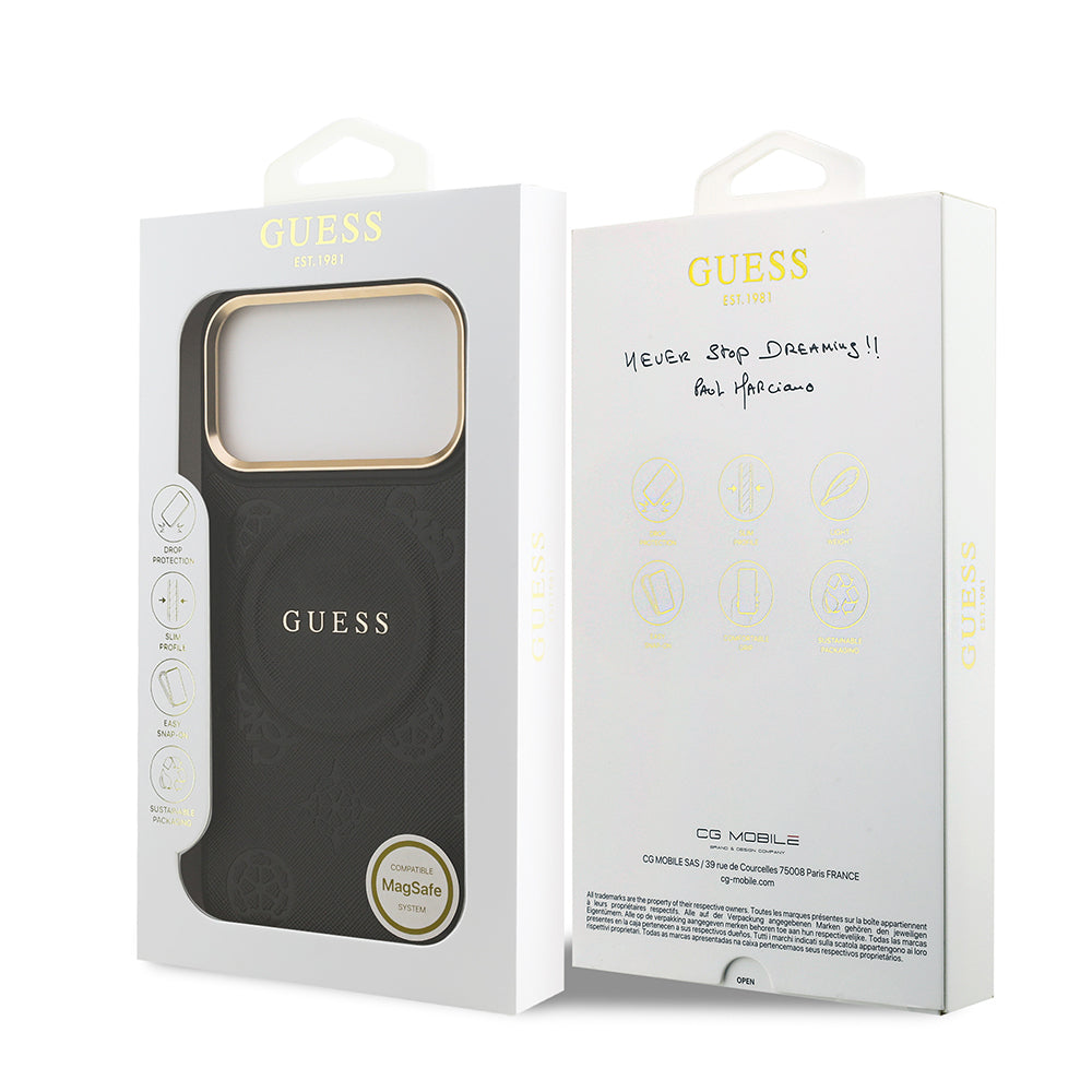 iPhone 17 Pro Max Kılıf Guess Orijinal Lisanslı M-safe Şarj Özellikli Sıcak Baskılı Yazı Logolu PU Deri Peony Kılıf