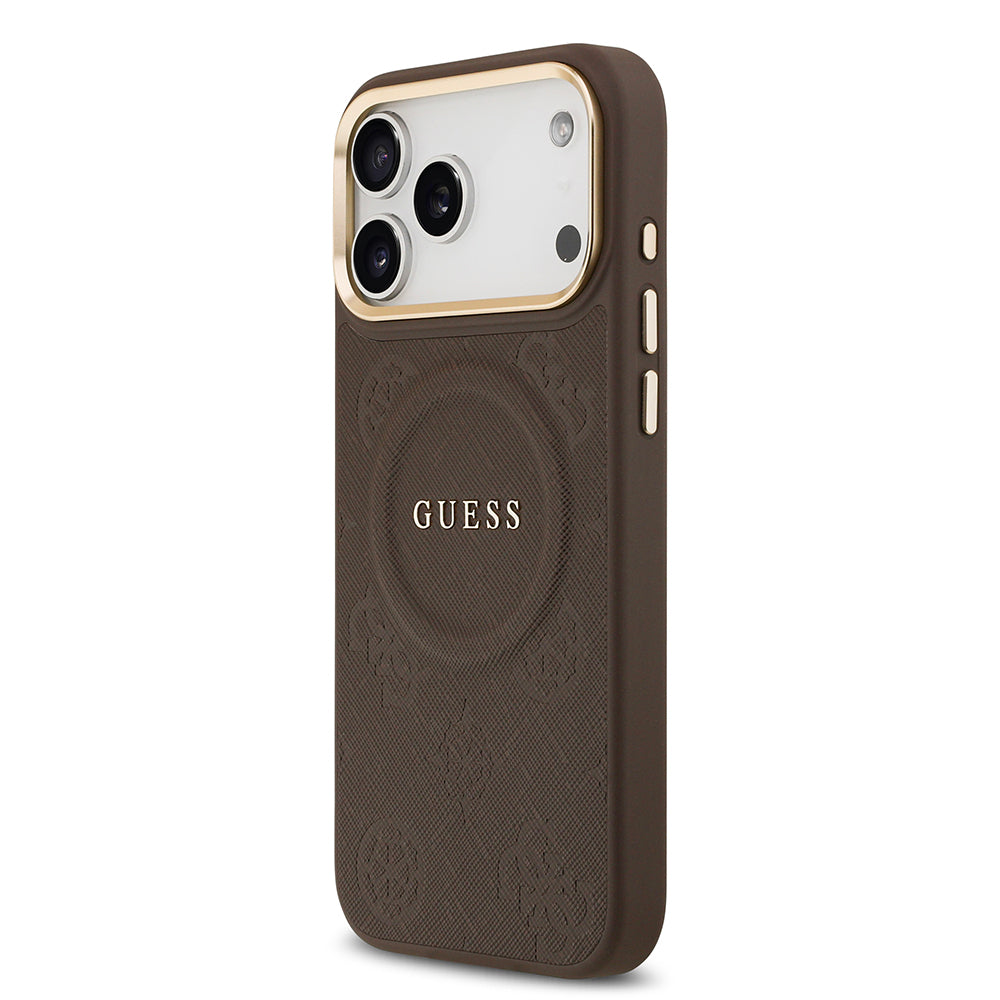iPhone 17 Pro Max Kılıf Guess Orijinal Lisanslı M-safe Şarj Özellikli Sıcak Baskılı Yazı Logolu PU Deri Peony Kılıf