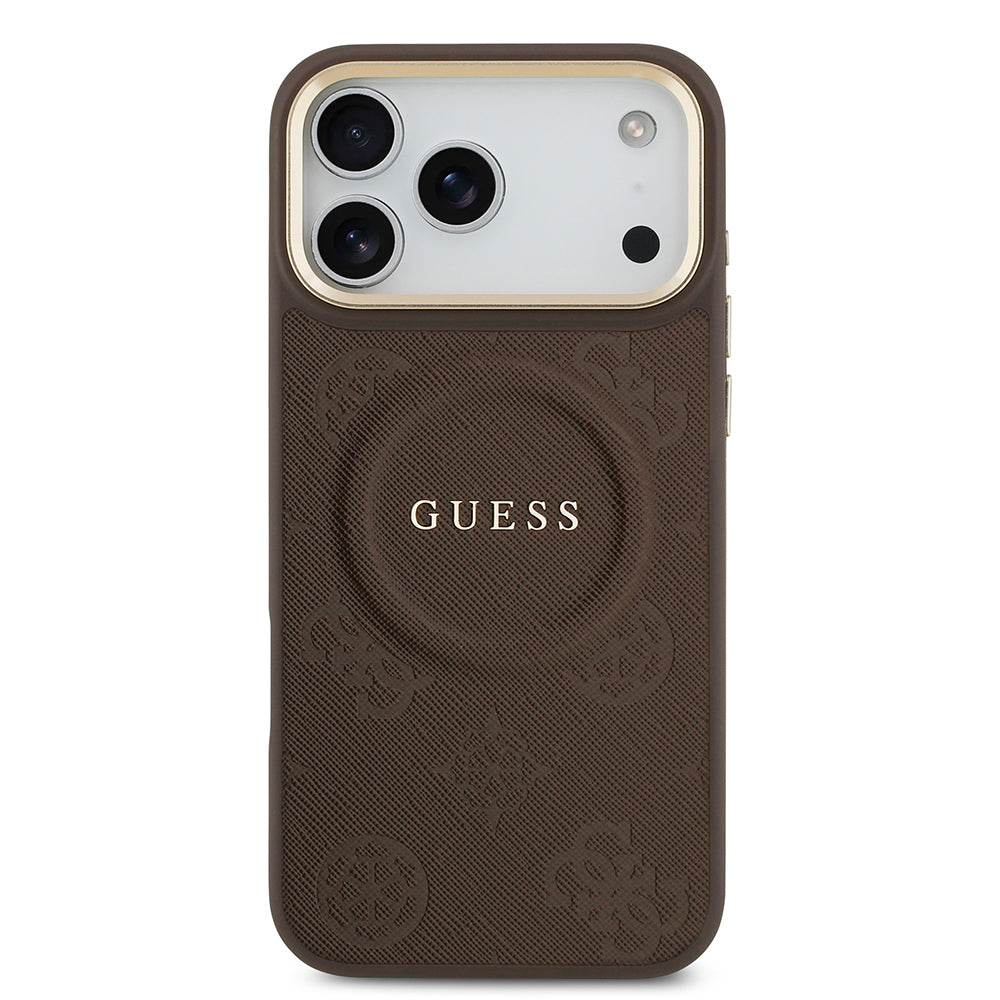 iPhone 17 Pro Max Kılıf Guess Orijinal Lisanslı M-safe Şarj Özellikli Sıcak Baskılı Yazı Logolu PU Deri Peony Kılıf