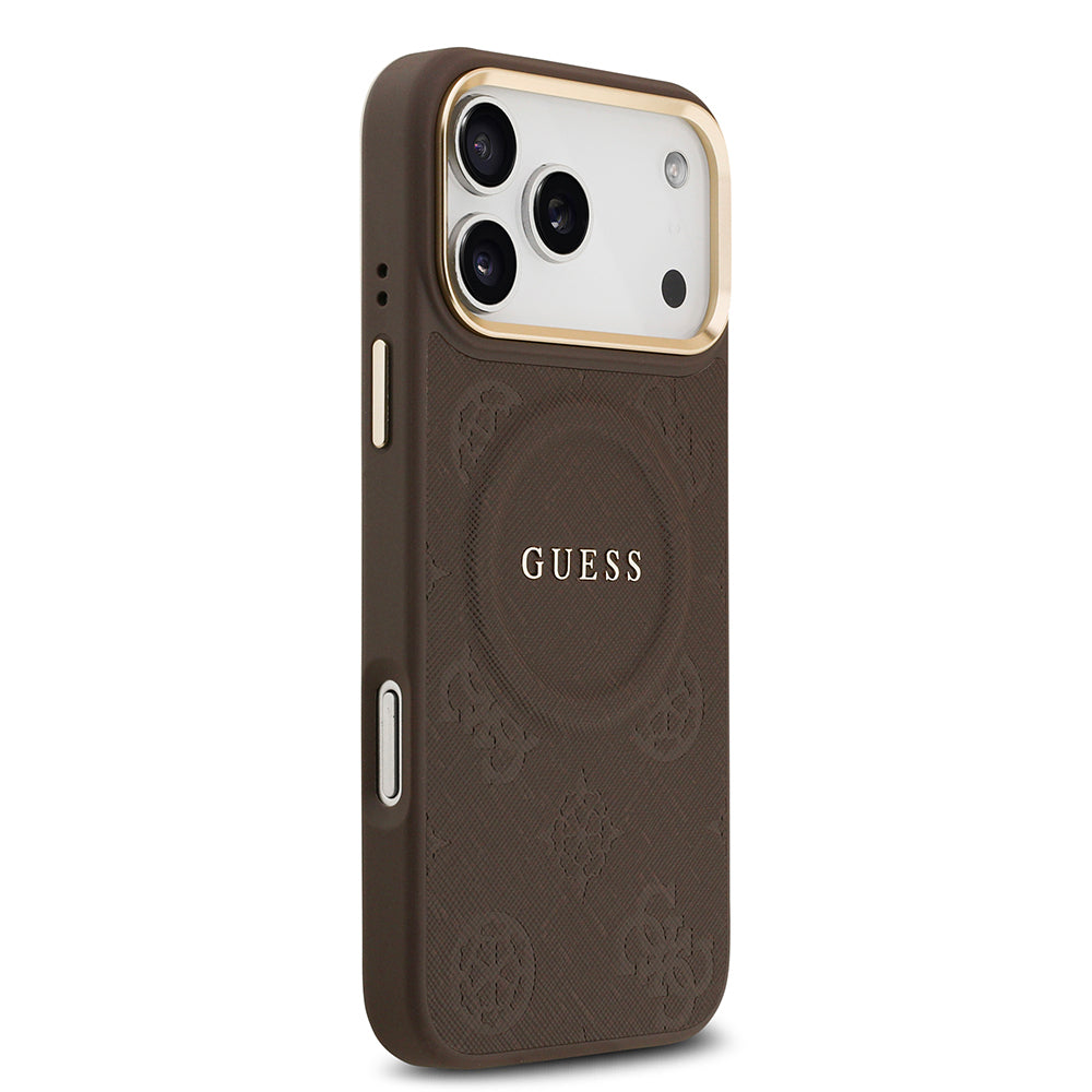 iPhone 17 Pro Max Kılıf Guess Orijinal Lisanslı M-safe Şarj Özellikli Sıcak Baskılı Yazı Logolu PU Deri Peony Kılıf