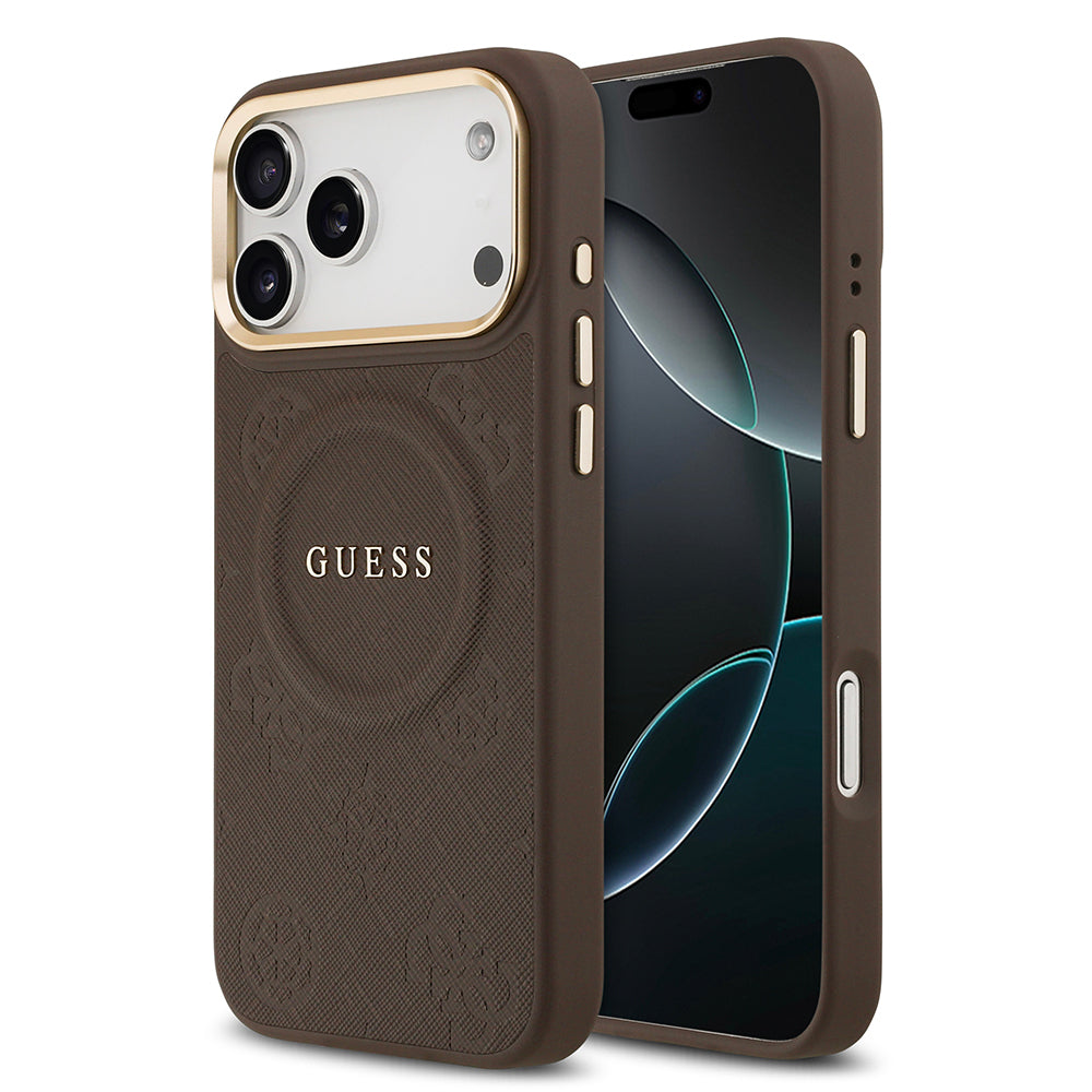iPhone 17 Pro Max Kılıf Guess Orijinal Lisanslı M-safe Şarj Özellikli Sıcak Baskılı Yazı Logolu PU Deri Peony Kılıf