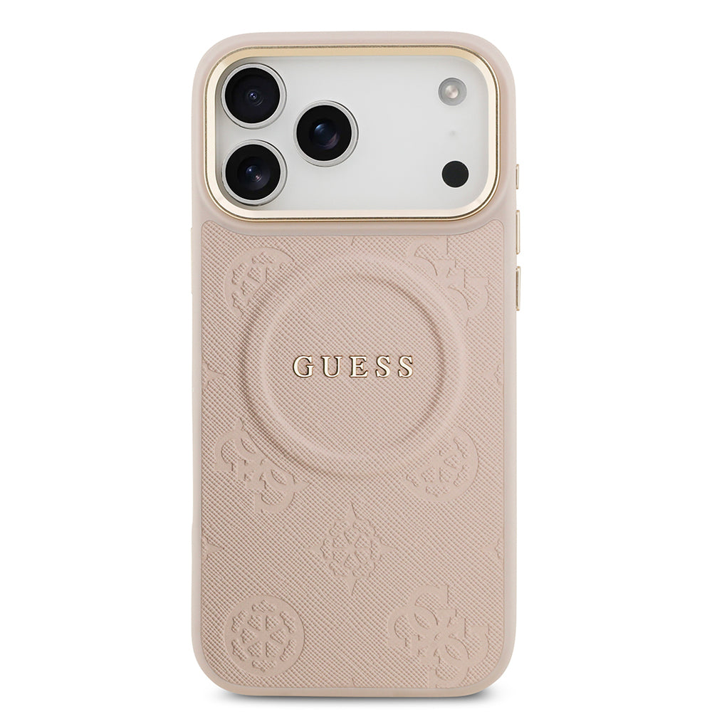 iPhone 17 Pro Max Kılıf Guess Orijinal Lisanslı M-safe Şarj Özellikli Sıcak Baskılı Yazı Logolu PU Deri Peony Kılıf