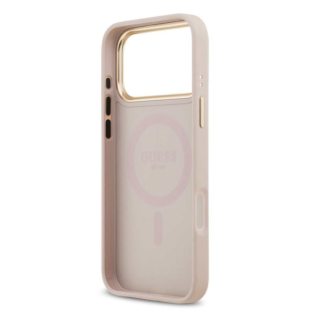 iPhone 17 Pro Max Kılıf Guess Orijinal Lisanslı M-safe Şarj Özellikli Sıcak Baskılı Yazı Logolu PU Deri Peony Kılıf