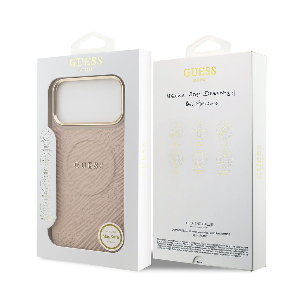 iPhone 17 Pro Max Kılıf Guess Orijinal Lisanslı M-safe Şarj Özellikli Sıcak Baskılı Yazı Logolu PU Deri Peony Kılıf