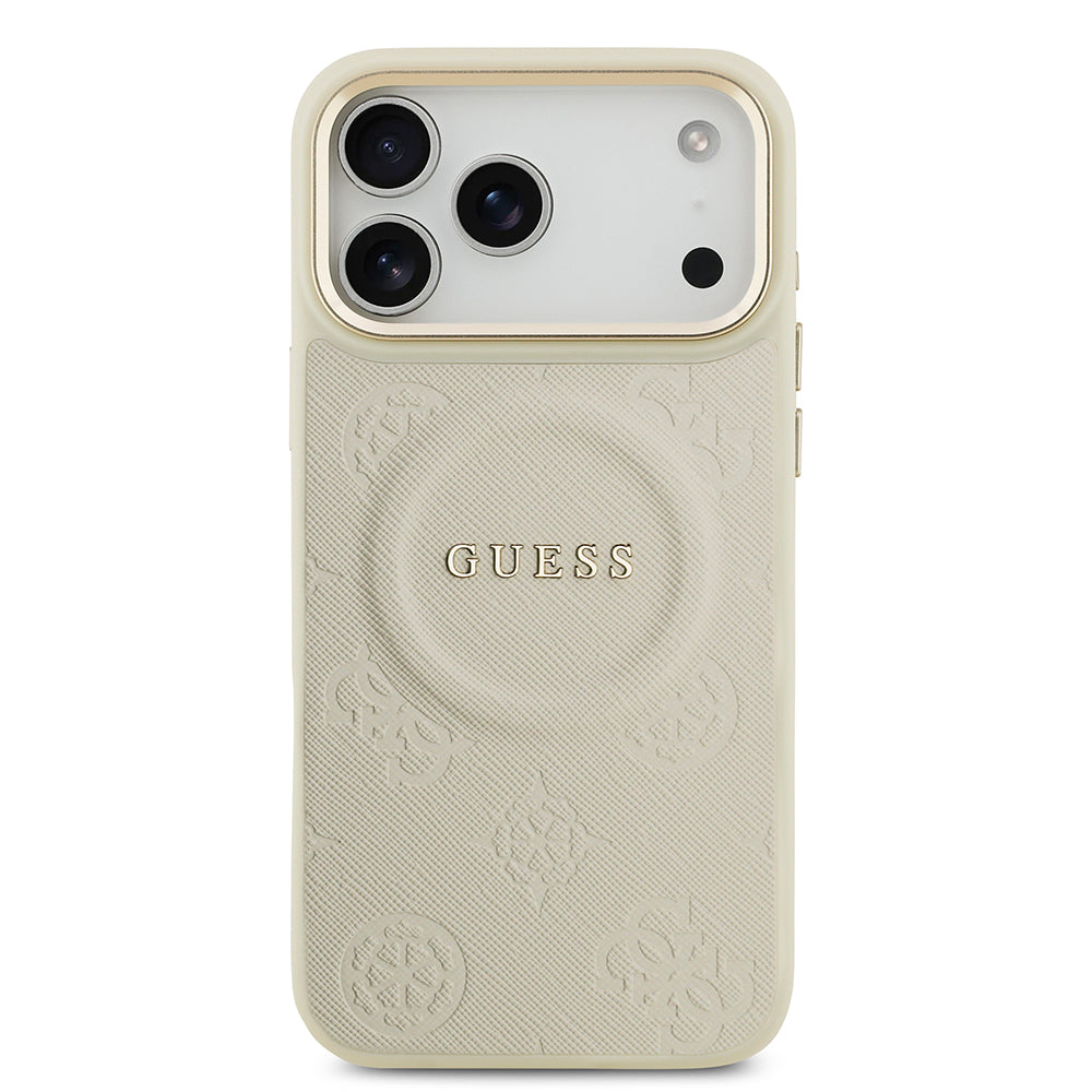 iPhone 17 Pro Max Kılıf Guess Orijinal Lisanslı M-safe Şarj Özellikli Sıcak Baskılı Yazı Logolu PU Deri Peony Kılıf