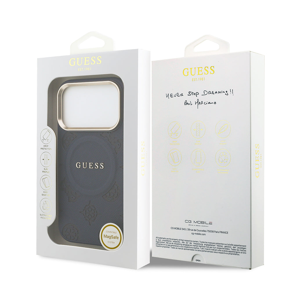 iPhone 17 Pro Max Kılıf Guess Orijinal Lisanslı M-safe Şarj Özellikli Sıcak Baskılı Yazı Logolu PU Deri Peony Kılıf