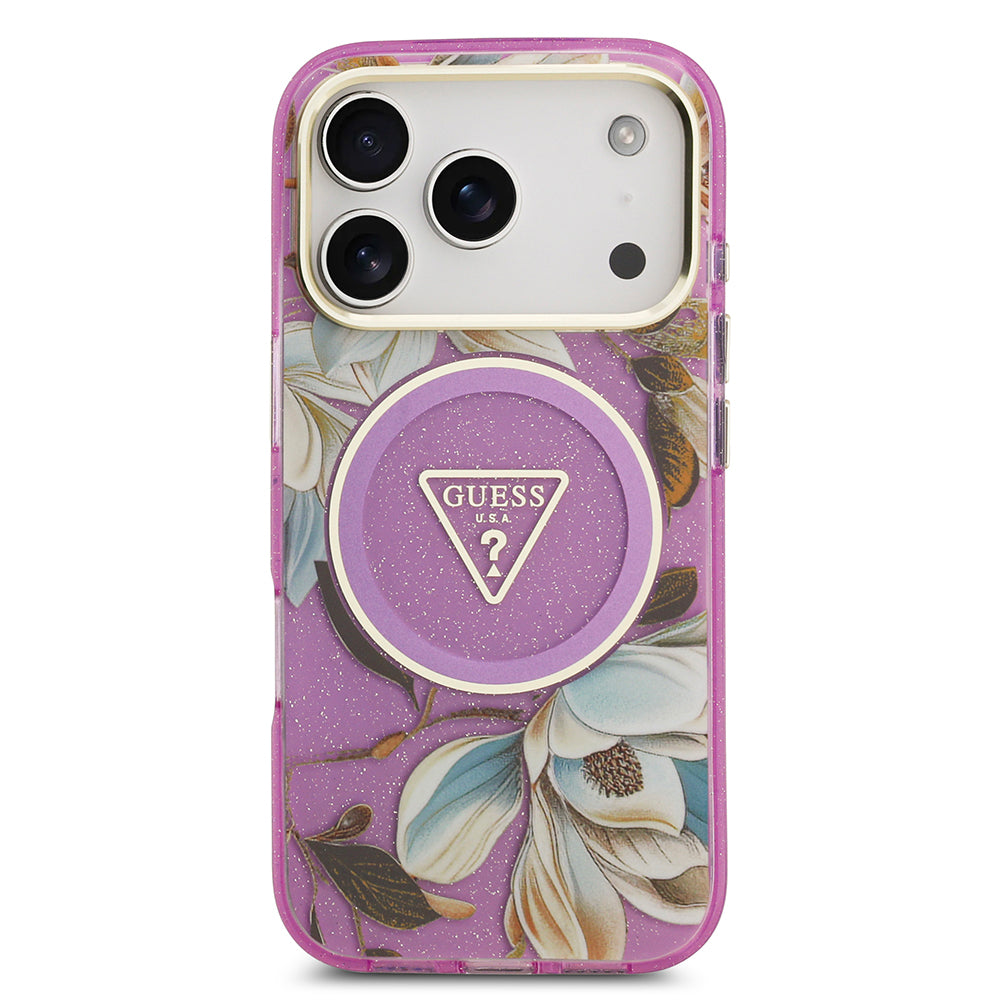 iPhone 17 Pro Max Kılıf Guess Orijinal Lisanslı M-safe Şarj Özellikli Simli Çiçek Desenli Metal Kamera Çerçeveli Üçgen Logolu Kılıf