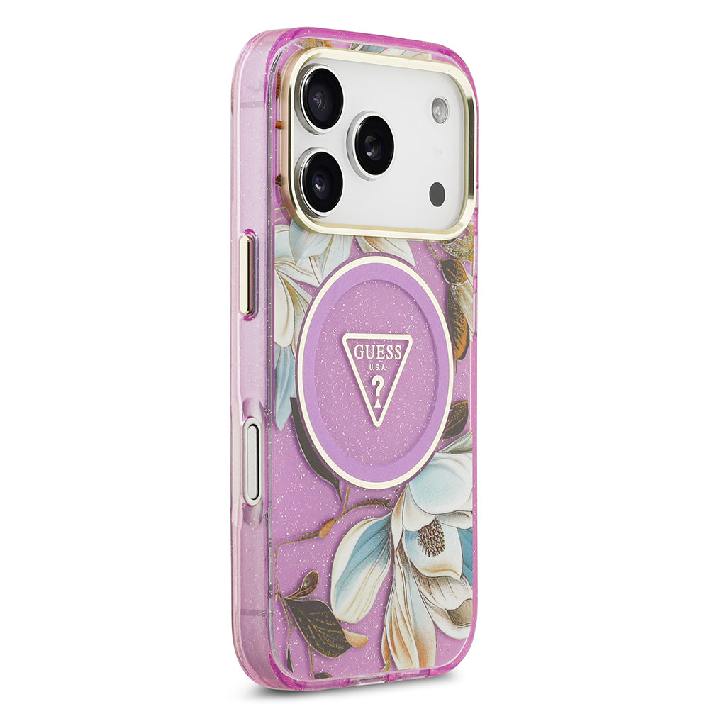 iPhone 17 Pro Max Kılıf Guess Orijinal Lisanslı M-safe Şarj Özellikli Simli Çiçek Desenli Metal Kamera Çerçeveli Üçgen Logolu Kılıf