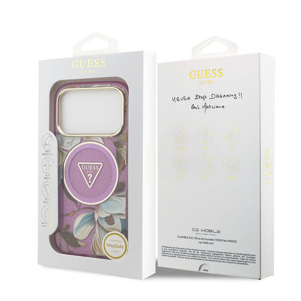 iPhone 17 Pro Max Kılıf Guess Orijinal Lisanslı M-safe Şarj Özellikli Simli Çiçek Desenli Metal Kamera Çerçeveli Üçgen Logolu Kılıf