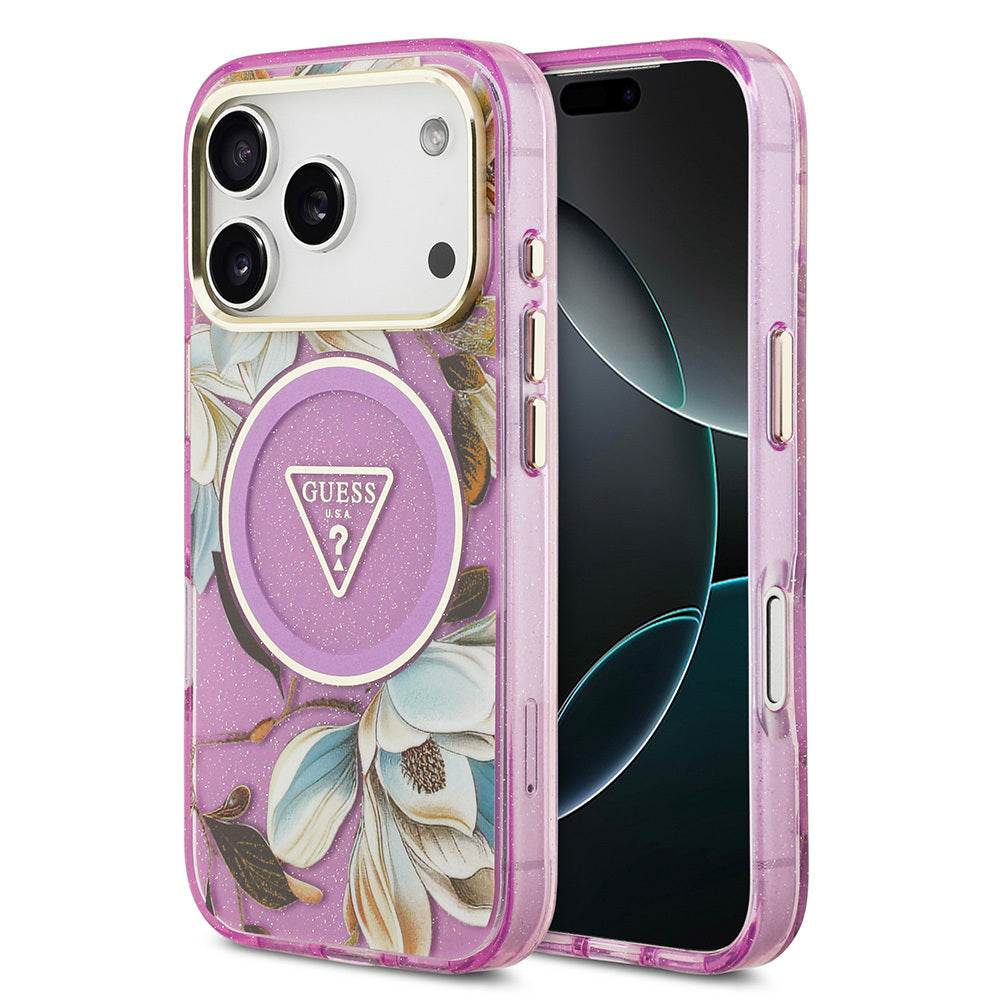 iPhone 17 Pro Max Kılıf Guess Orijinal Lisanslı M-safe Şarj Özellikli Simli Çiçek Desenli Metal Kamera Çerçeveli Üçgen Logolu Kılıf