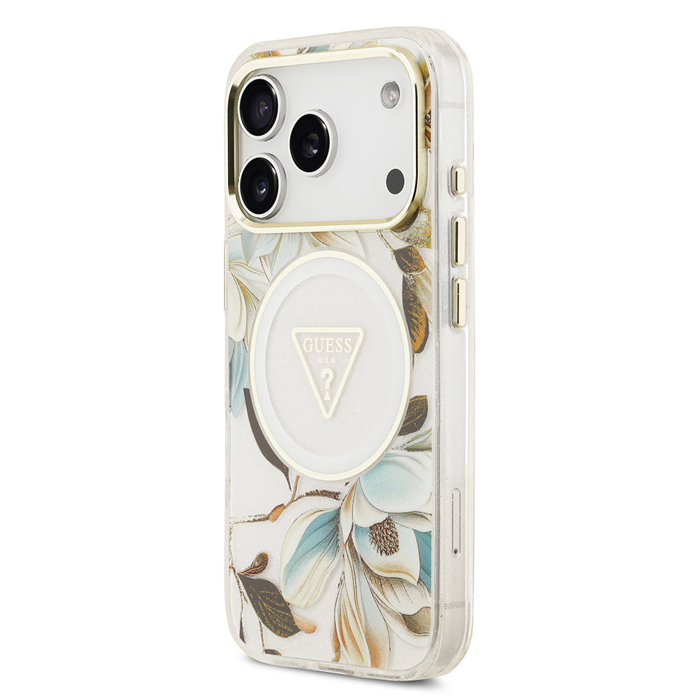 iPhone 17 Pro Max Kılıf Guess Orijinal Lisanslı M-safe Şarj Özellikli Simli Çiçek Desenli Metal Kamera Çerçeveli Üçgen Logolu Kılıf